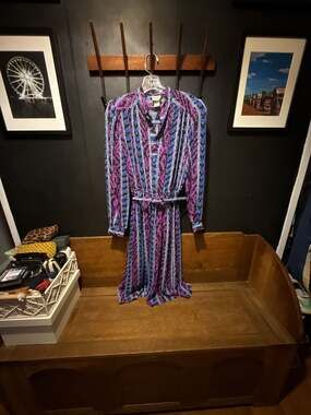 Murray Meisner Vintage 80s Geometric Print Blouson Midi Shirtwaist Dress